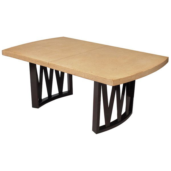 Paul Frankl dining table, by Johnson Furniture Co: Paul Frankl dining table, by Johnson Furniture Co., 1950s, rectangular cork top with rounded ends over curved mahogany bases with V-shaped supports, original finish, two 11.5" leaves, 72"w x 42"d x 29