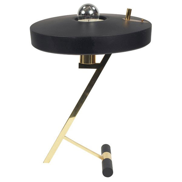 Louis Christiaan Kalff table lamp, by Phillips, t: Louis Christiaan Kalff table lamp, by Phillips, the Netherlands, c.1955, black enameled metal and brass, marked with Phillips stamp, 13.5"dia x 18"h, very good condition