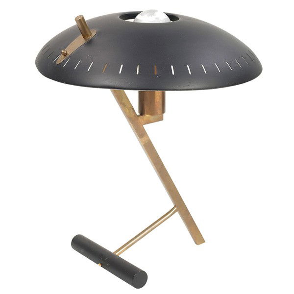 Louis Christiaan Kalff table lamp, by Phillips, t: Louis Christiaan Kalff table lamp, by Phillips, the Netherlands, c.1955, black enameled metal and brass, curved shade with perforations, unmarked, 13.5"dia x 18"h, very good condition