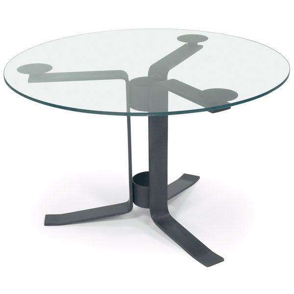 Max Gottschalk occasional table, black enameled m: Max Gottschalk occasional table, black enameled metal frame with rubber bumpers supporting a glass top, 34"dia x 21.5"h, very good original condition