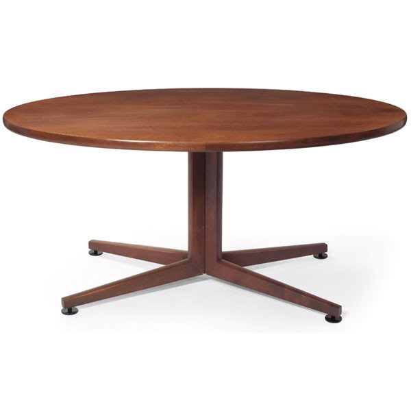 Edward Wormley dining table, by Dunbar, walnut, o: Edward Wormley dining table, by Dunbar, walnut, oval top over a pedestal base with four supports, black metal disc feet, signed with rectangular brass tag, 60"w x 36"d x 28"h, nicely refinished, excel