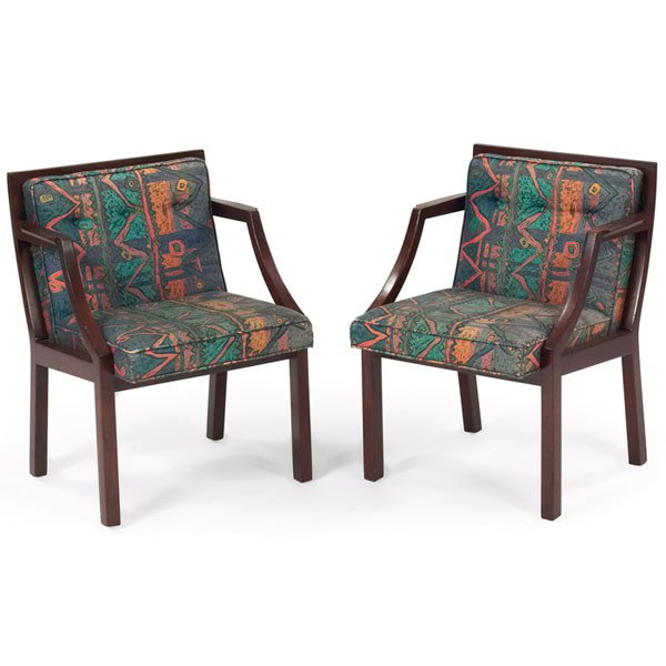 Edward Wormley armchairs, pair, by Dunbar, mahoga: Edward Wormley armchairs, pair, by Dunbar, mahogany frames, sloped armrests, original patterned upholstery, signed with rectangular brass tag, 22.5"w x 24"d x 30.5"h, good original condition