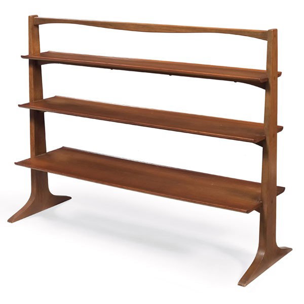 Edward Wormley "Pyramid Unit", by Drexel, 1957, m: Edward Wormley "Pyramid Unit", by Drexel, 1957, mahogany, three shelves, tapered supports, original finish, stenciled mark 8/57 and Pyramid Unit, Drexel stamp, 55"w x 19"d x 42"h, excellent condition