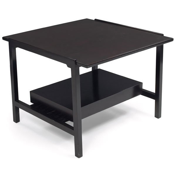 Edward Wormley end table, by Dunbar, square top o: Edward Wormley end table, by Dunbar, square top over a slatted lower shelf with a fixed drawer compartment, original finish, signed with rectangular brass tag, 29"w x 30.5"d x 22.5"h, very good condit