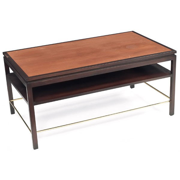 Edward Wormley coffee table, by Dunbar, light and: Edward Wormley coffee table, by Dunbar, light and dark mahogany top over dark mahogany legs with brass stretchers, signed with brass D tag and paper label, original finish, 48"w x 28"d x 22"h, very go