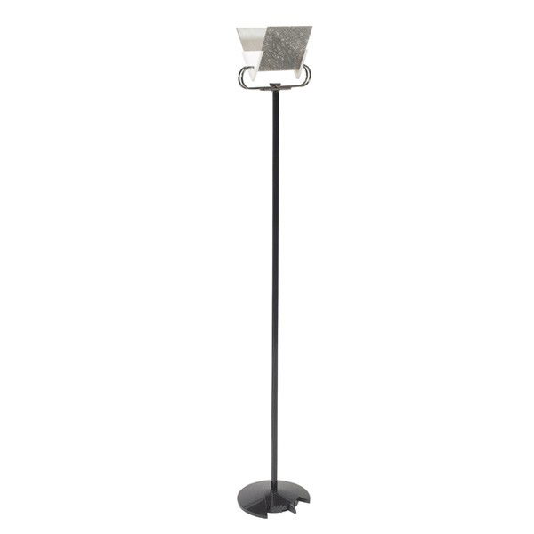 Arteluce "Triana" floor lamp, Italy, Memphis styl: Arteluce "Triana" floor lamp, Italy, Memphis style, metallic and black enameled base, clear and white Plexiglas shade with screen print pattern, impressed mark "Arteluce Triana Made in Italy," 79"h, e