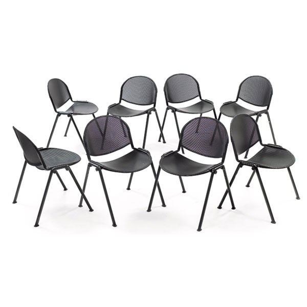 Roberto Lucci & Paolo Orlandini "Modulamm" chairs: Roberto Lucci and Paolo Orlandini "Modulamm" stacking chairs, set of 8, by Lamm, 1970s, black enameled steel with mesh seat and back, 22"w x 21"d x 30.5"h, original finish, some wear to finish, good c