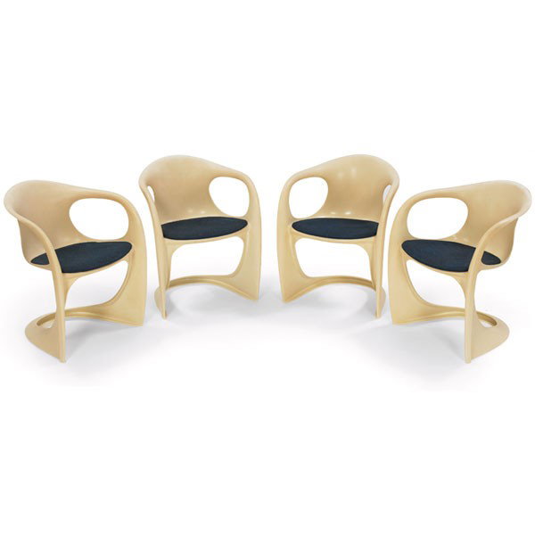 Alexander Begge "Casalino" chairs, by Casala, set: Alexander Begge "Casalino" chairs, by Casala, set of four, one-piece off-white glass-infused polyester forms with original blue vinyl seat cushions, unmarked, 23"w x 22"d x 29"h, very good condition