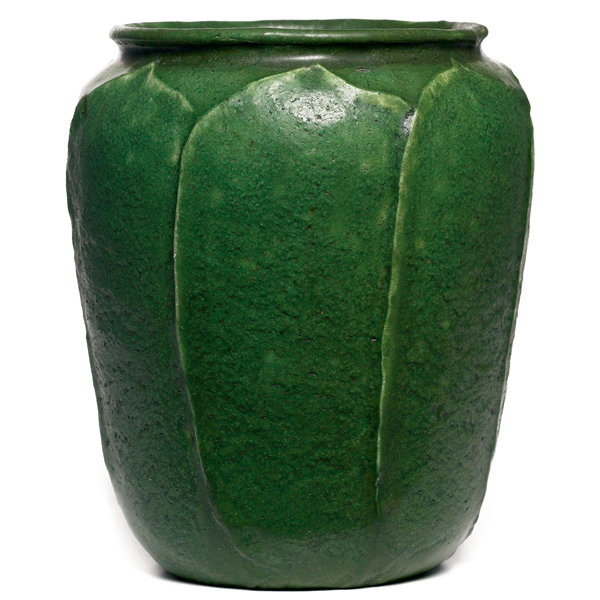 Grueby vase, carved and applied vertical leaves