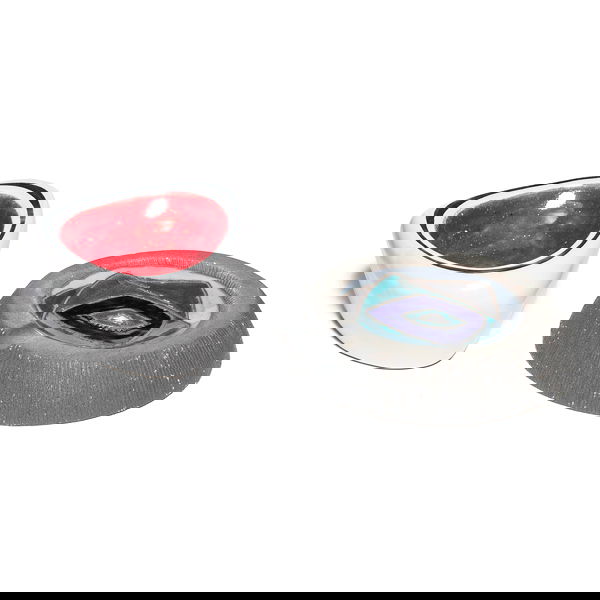 Raymor bowl, w/ Scandinavian ashtray: Raymor bowl, amoebic form in white with a red interior, signed and numbered, 5"w x 2.5"h; with a Scandinavian ashtray, round form with a colorful incised design at center, signed by unknown artist, 6.