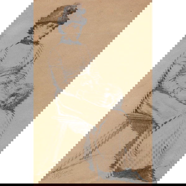 Joseph Henry Sharp, pencil drawing: Joseph Henry Sharp (American, 1859-1953), "Sketch of a Seated Woman with a Muff", c. 1886; pencil drawing, 16" x 12", signed and dated, "Dec. '86". An early academic sketch by this well known Cincinna