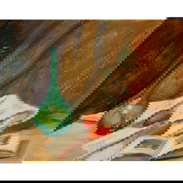 Bessie Hoover Wessel, Still Life, oil on canvas: Bessie Hoover Wessel (American), "Still Life with Green Bottle", oil on canvas, laid down, unsigned, unframed, 20" x 16". Cincinnati painter.