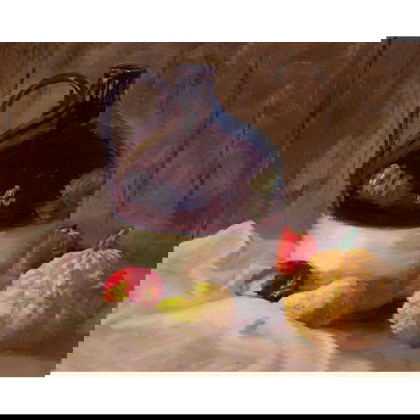 Bessie Hoover Wessel, Still Life, oil on canvas: Bessie Hoover Wessel (American), "Still Life with Jug", oil on canvas, laid down, unsigned, unframed, 20" x 16". Cincinnati painter.