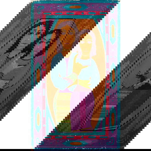 Mario de Ferrante, "Blue Figures", oil/gold leaf: Mario de Ferrante (Italian/American, 1898-1992), "Blue Figures", c.1960; oil and gold leaf/particle board, 40" x 23.5", signed