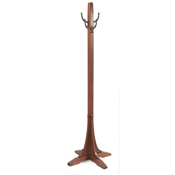 L and JG Stickley costumer, #89, tapered post with : L and JG Stickley costumer, #89, tapered post with original brass hooks on a corbelled base, refinished, unsigned, 24"w x 24"d x 72.5"h, very good condition