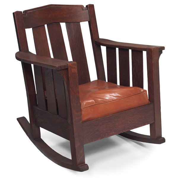 Stickley Brothers # 582 rocker, peaked top with th: Stickley Brothers # 582 rocker, peaked top with three wide vertical slats at back and sides, some wear to original finish, recovered cushion, numbered, 31"w x 27"d x 34"h, very good condition