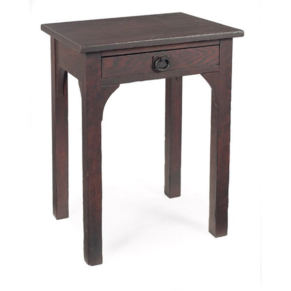 Arts and Crafts nightstand, in ash, rectangular to: Arts and Crafts nightstand, in ash, rectangular top over a single drawer, refinished, pull replaced, 20"w x 15"d x 27"h, good condition