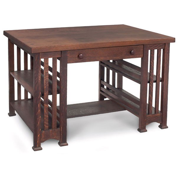 Prairie School library table, rectangular top over: Prairie School library table, rectangular top over a single drawer with slatted bookshelves at sides, original finish, some looseness, 48"w x 31"d x 30"h, good condition