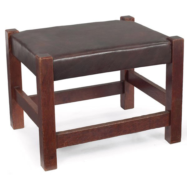 Gustav Stickley footstool, #300, nicely recovered : Gustav Stickley footstool, #300, nicely recovered hard leather seat, original finish, branded signature, repair to one slat, 20"w x 16"d x 15"h, very good condition