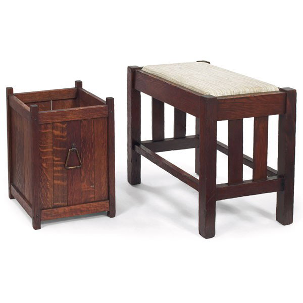 Arts and Crafts footstool and wastebasket, footsto: Arts and Crafts footstool and wastebasket, footstool with two vertical slats at each side with replaced drop-in cushion, refinished, 18"w x 12"d x 16"h, wastebasket with slatted form with brass handle