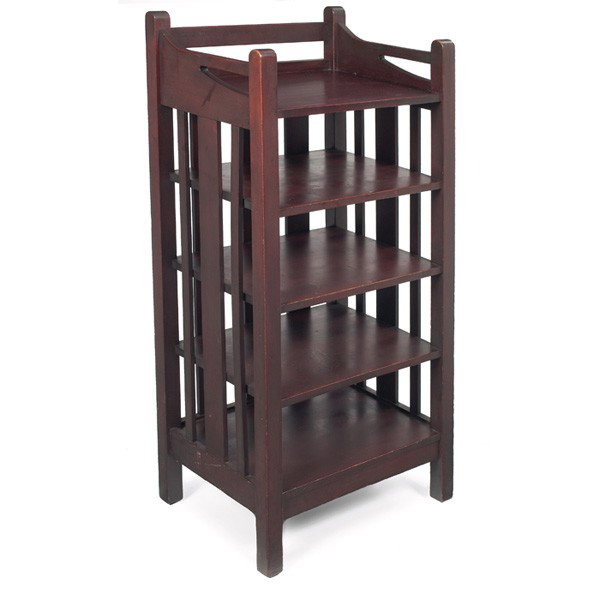 Stickley Brothers magazine stand, #4808, in mahoga: Stickley Brothers magazine stand, #4808, in mahogany, five shelves supported by slatted sides, shelves refinished, original finish to exterior, signed with Quaint tag, 19.5"w x 15"d x 43"h, very good 
