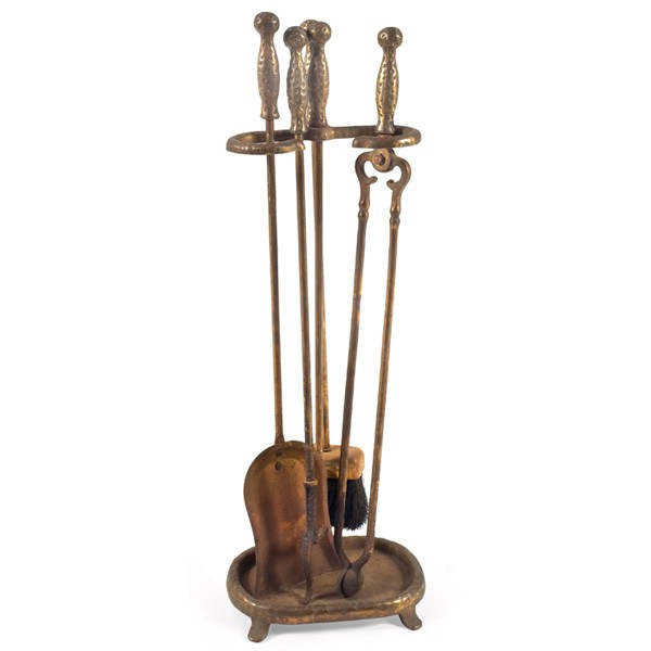 Arts and Crafts fireplace tools, in hammered brass: Arts and Crafts fireplace tools, in hammered brass, set consists of shovel, brush, poker and tongs, with stand, as shown: 9.5"w x 8"d x 27.5"h, very good condition