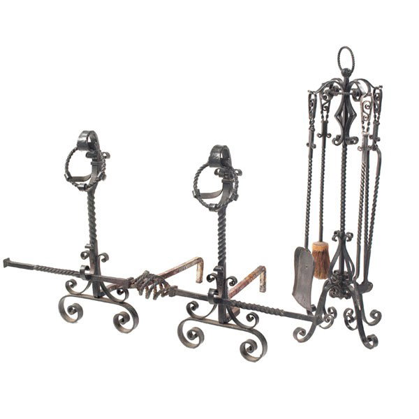 Arts and Crafts andiron set and fire tools, in twi: Arts and Crafts andiron set and fire tools, in twisted and curled wrought iron, andiron set: 45"w x 24"d x 27"h, tools: 38"h, very good condition