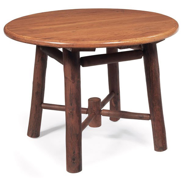 Old Hickory table, circular top on a crossstretche: Old Hickory table, circular top on a crossstretcher base with central peg, partial paper label, original finish, 24"dia x 18"h, very good condition
