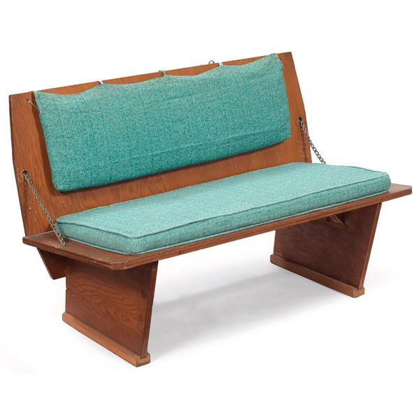 Frank Lloyd Wright bench from the Unitarian Church: Frank Lloyd Wright bench from the Unitarian Church, Shorewood Hills, Wisconsin, 1947, folding plywood back with original covering, original finish, branded signature, some edge chips, 42"w x 21"d x 27