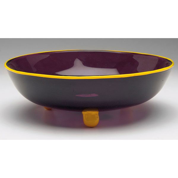 Loetz Tango bowl, in the style of Michael Powolny,: Loetz Tango bowl, in the style of Michael Powolny, footed form in purple glass with yellow accents, 8.5"w x 2.75"h