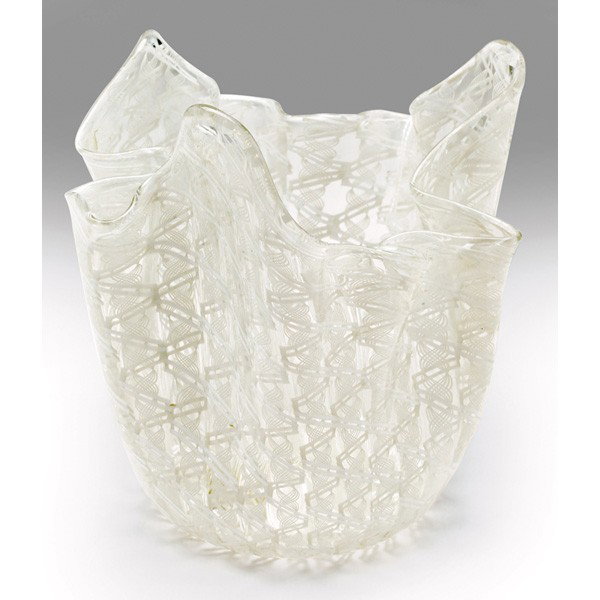 Venini Handkerchief vase, clear glass with white l: Venini Handkerchief vase, clear glass with white latticino stripes, marked, paper label, c. 1930, 6"