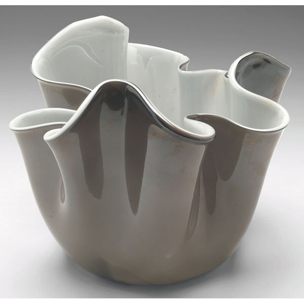 Venini Handkerchief vase, white glass cased in tra: Venini Handkerchief vase, white glass cased in translucent grey, marked "Venini Murano Italia," c. 1930, 7"h
