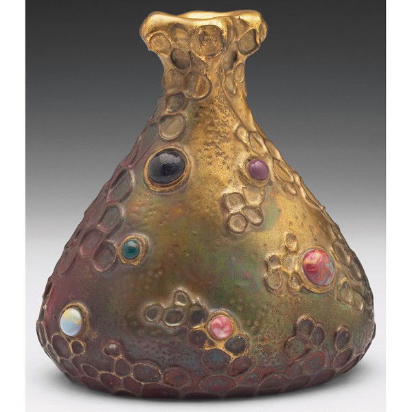 Amphora vase, Grès-Bijou series, raised designs un: Amphora vase, Grès-Bijou series, raised designs under a multi-toned iridescent glaze with several colorful and applied stones, marked, #3670, 6"w x 6"h, this vase is pictured in House of Amphora, by