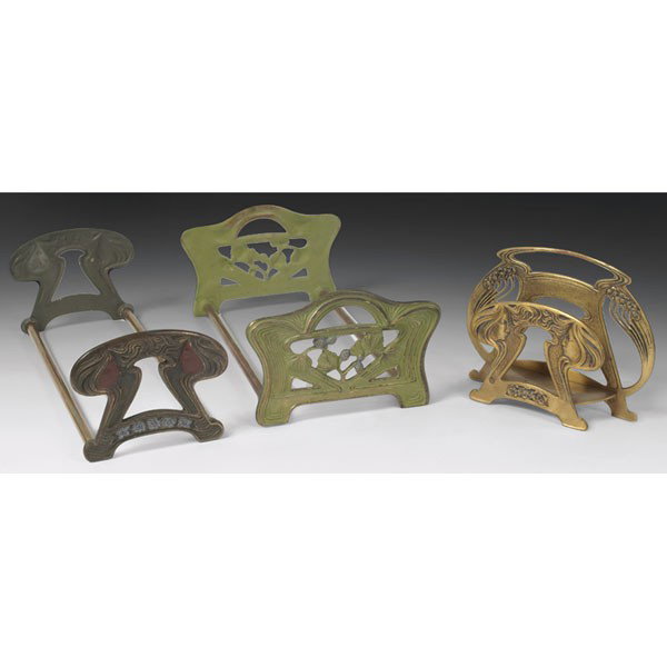 Art Nouveau adjustable bookracks, two, and letter : Art Nouveau adjustable bookracks, two, and letter holder, in various metals with maiden and organic designs, larger bookrack: 12"w x 7"d x 5"h