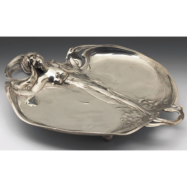 WMF tray, silver metal with cast Art Nouveau woman