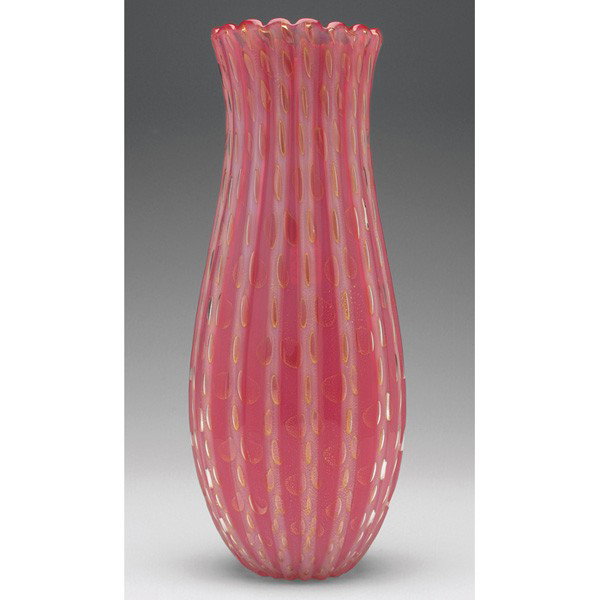 Barovier vase, tapered ribbed shape in clear glass