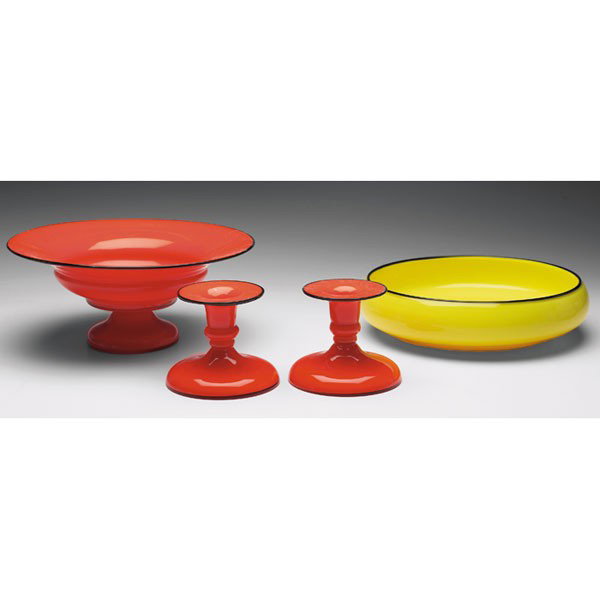 Czech bowl, pedestal form in orange glass with app