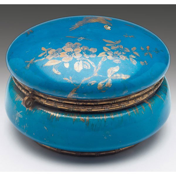 Longwy powder box, large form in blue with gold bi