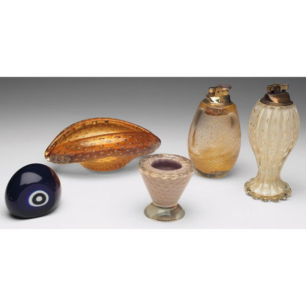 Murano paperweight, egg form in blue glass with bu: Murano paperweight, egg form in blue glass with bull's eye, 4"w x 2.75"h; with a M buowral,n sohell shape in amber glass with internal bubbles, 8"l x 4.5"w; with a Barovier and Toso vase, miniature ta