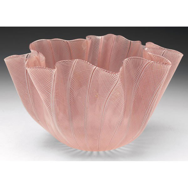 Murano Handkerchief vase, crimped pink glass with