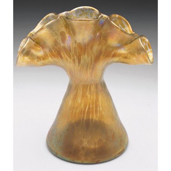 Loetz vase, attribution, gold glass with a Papilli: Loetz vase, attribution, gold glass with a Papillion design, unsigned, 6"w x 6"h