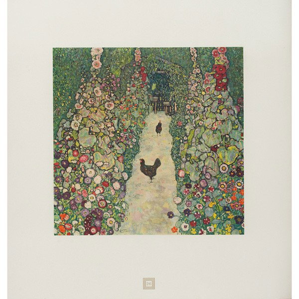 Gustav Klimt (Austrian, 1862-1918), "Garden Path w: Gustav Klimt (Austrian, 1862-1918), "Garden Path with Hens," collotype, No. 26, signed, 11.75" x 11.75"; with Gustav Klimt "Field of Poppies," (not shown), collotype, No. 5, signed, image: 12"sq, both