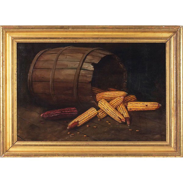 Alfred Montgomery (American, 1857-1922) "Barrel an: Alfred Montgomery (American, 1857-1922) "Barrel and Corn," c. 1900, oil on canvas, 24" x 36", signed lower right, framed
