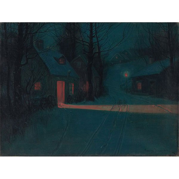 Svend Rasmussen Svendsen (American/Norwegian, 1864: Svend Rasmussen Svendsen (American/Norwegian, 1864-1945) "Cabins at Night," c. 1920, oil on canvas, 18" x 24.25", signed lower right, unframed