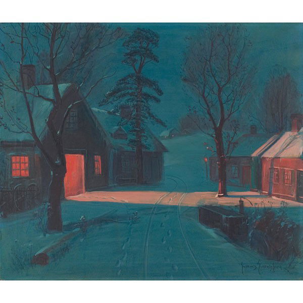 Svend Rasmussen Svendsen (American/Norwegian, 1864: Svend Rasmussen Svendsen (American/Norwegian, 1864-1945) "Cabins at Night," c. 1920, oil on canvas, 25" x 30", signed lower right, unframed