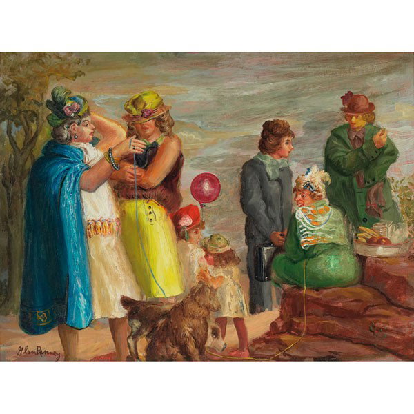 Glen Ranney (American, 1896-1959) "Women Visiting": Glen Ranney (American, 1896-1959) "Women Visiting", c. 1940, oil on panel, 18" x 24", signed lower left, framed