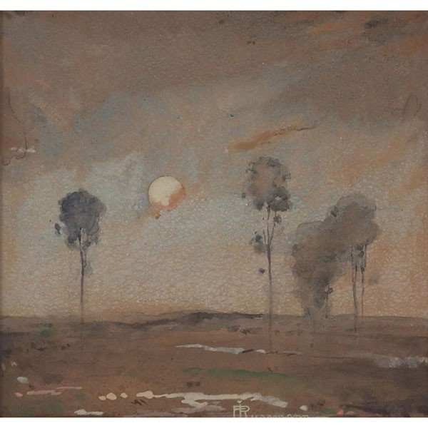 Felix Russman (American, 1888-1962) "A Moonrise,": Felix Russman (American, 1888-1962) "A Moonrise," c. 1932, watercolor, 4.75" x 5", signed lower right, titled and signed on label on verso, framed