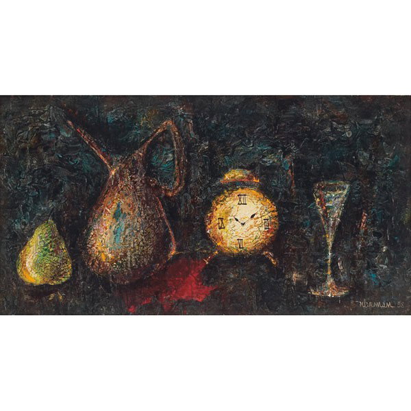 Leonardo Nierman (Mexican, b. 1932) "Clock Still L: Leonardo Nierman (Mexican, b. 1932) "Clock Still Life," 1958, oil on masonite, 12.5" x 23.5", signed and dated lower right, framed