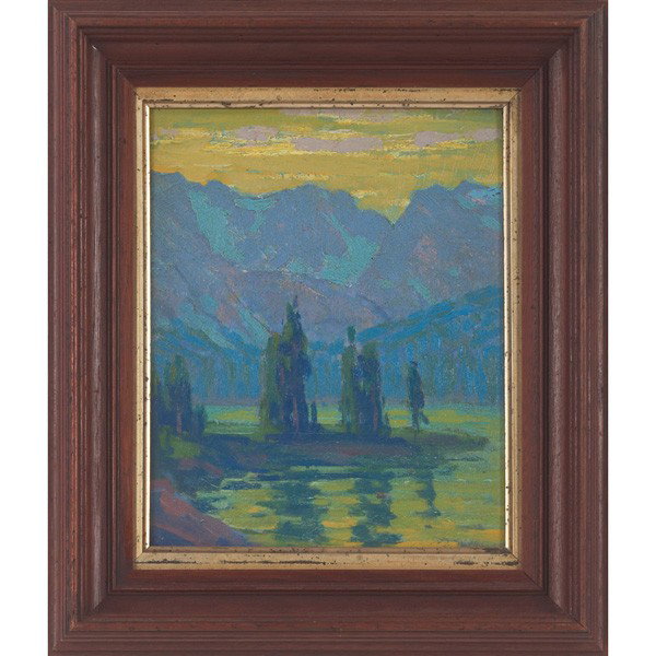 Paul Kauvar Smith (American, 1893-1978) "Mountain : Paul Kauvar Smith (American, 1893-1978) "Mountain Lake," c. 1930, oil on panel, 10" x 8", signed on verso, framed
