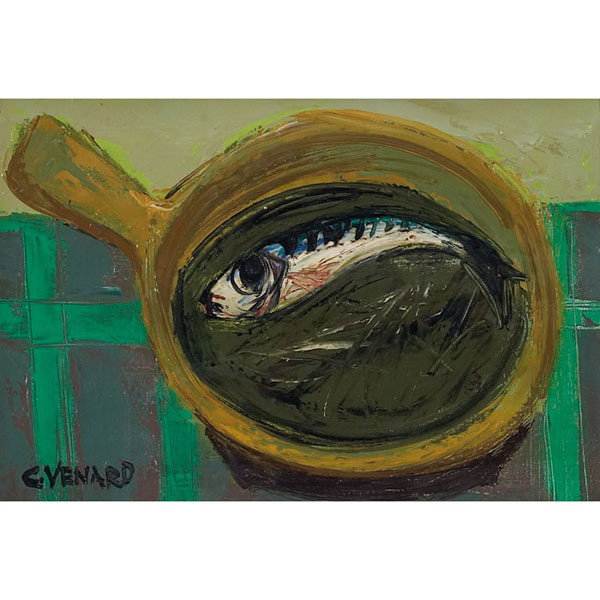Claude Venard (French, 1913-1999) "Still Life, Fis: Claude Venard (French, 1913-1999) "Still Life, Fish in Pan," c. 1950, oil on canvas, 10.75" x 16.25", signed lower left, titled on original Georges de Braux label on verso, framed